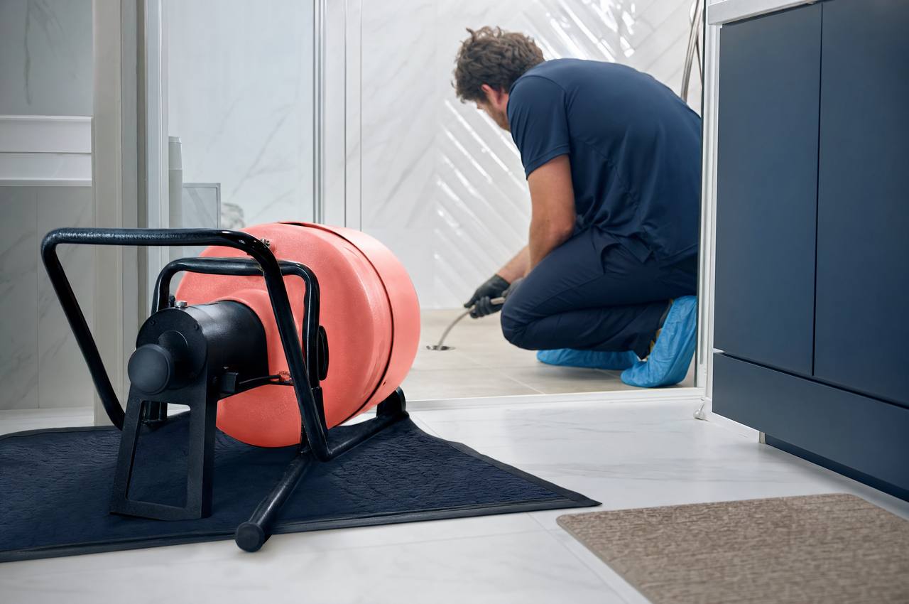 A drain cable machine running from a bathroom floor into an open shower drain