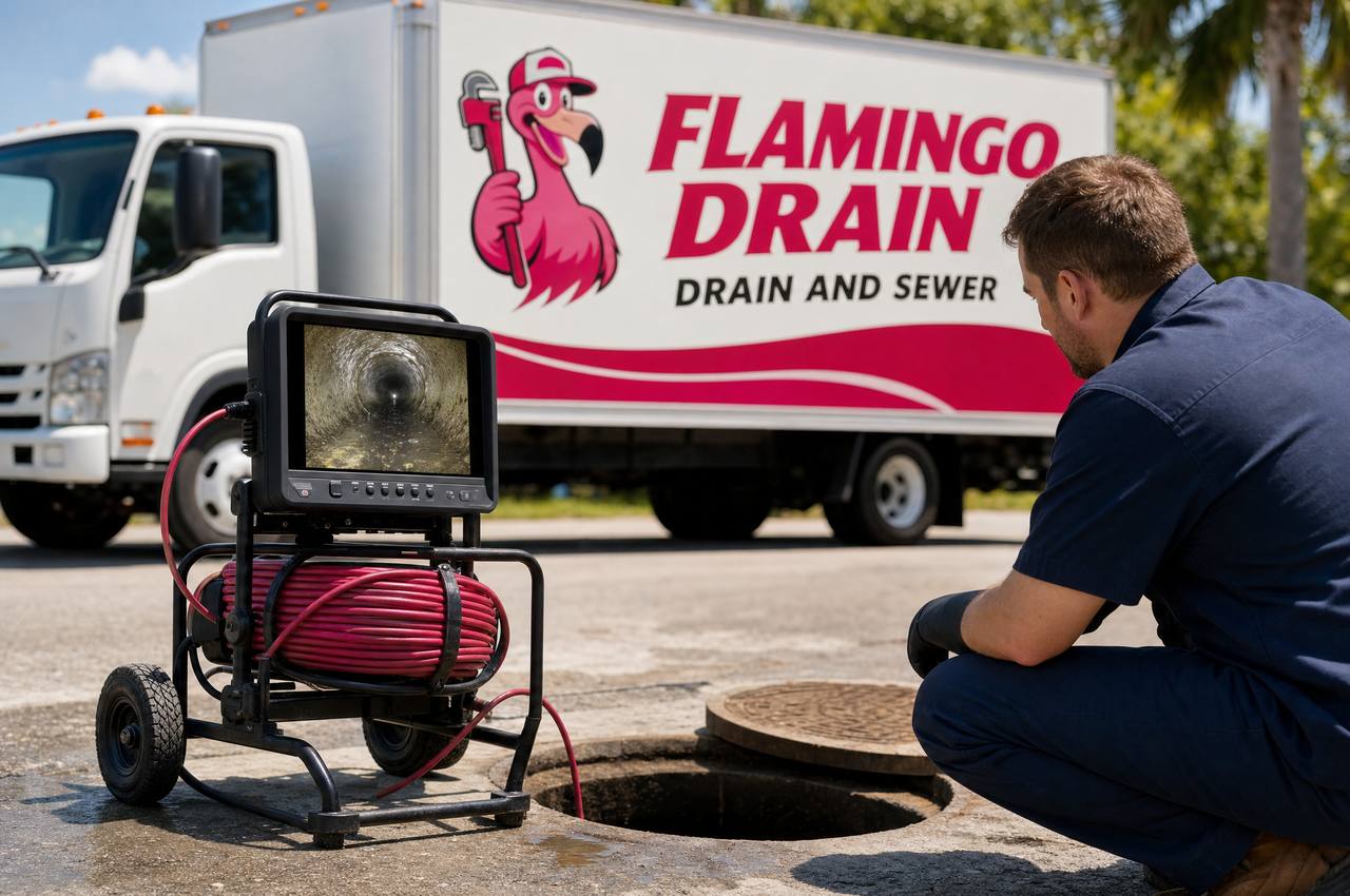 A Flamingo Drain technician watching a live sewer camera feed beside a branded box truck