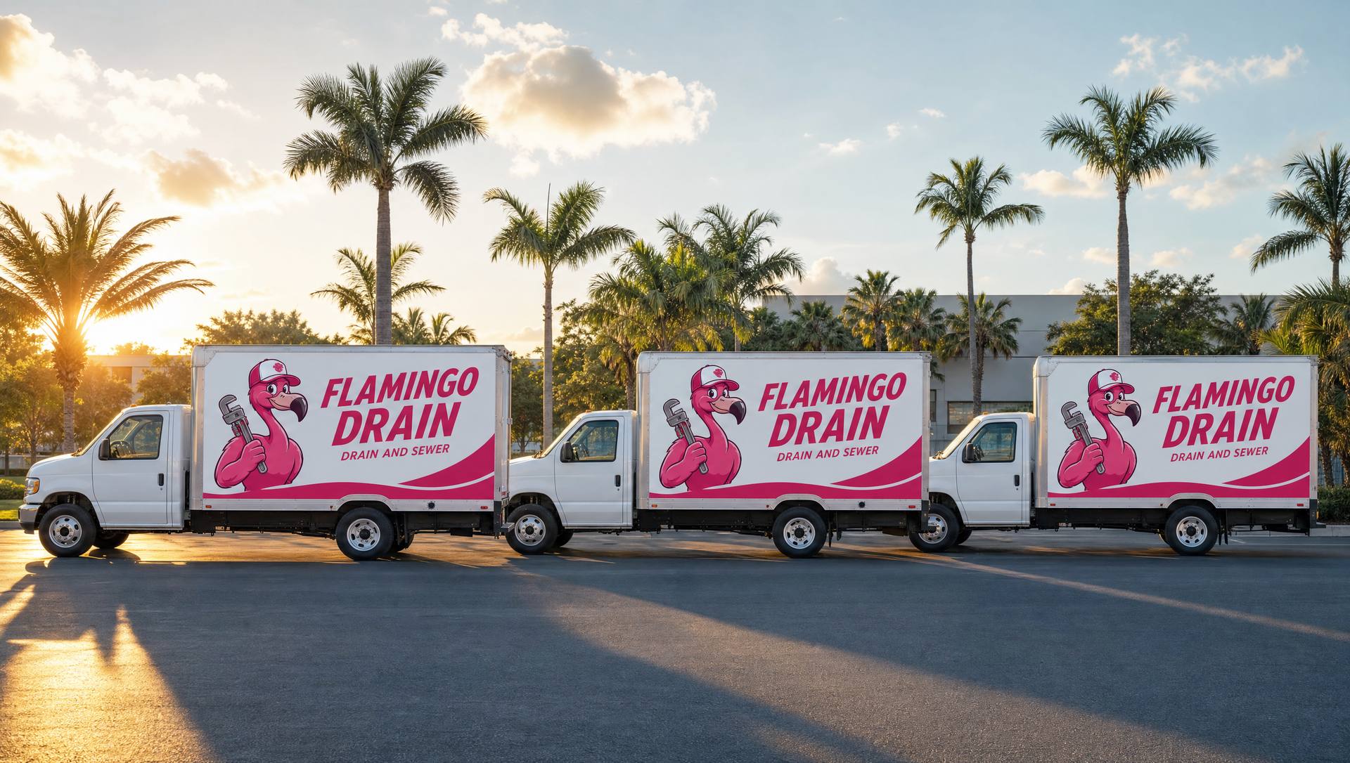 Three branded Flamingo Drain box trucks lined up at sunrise