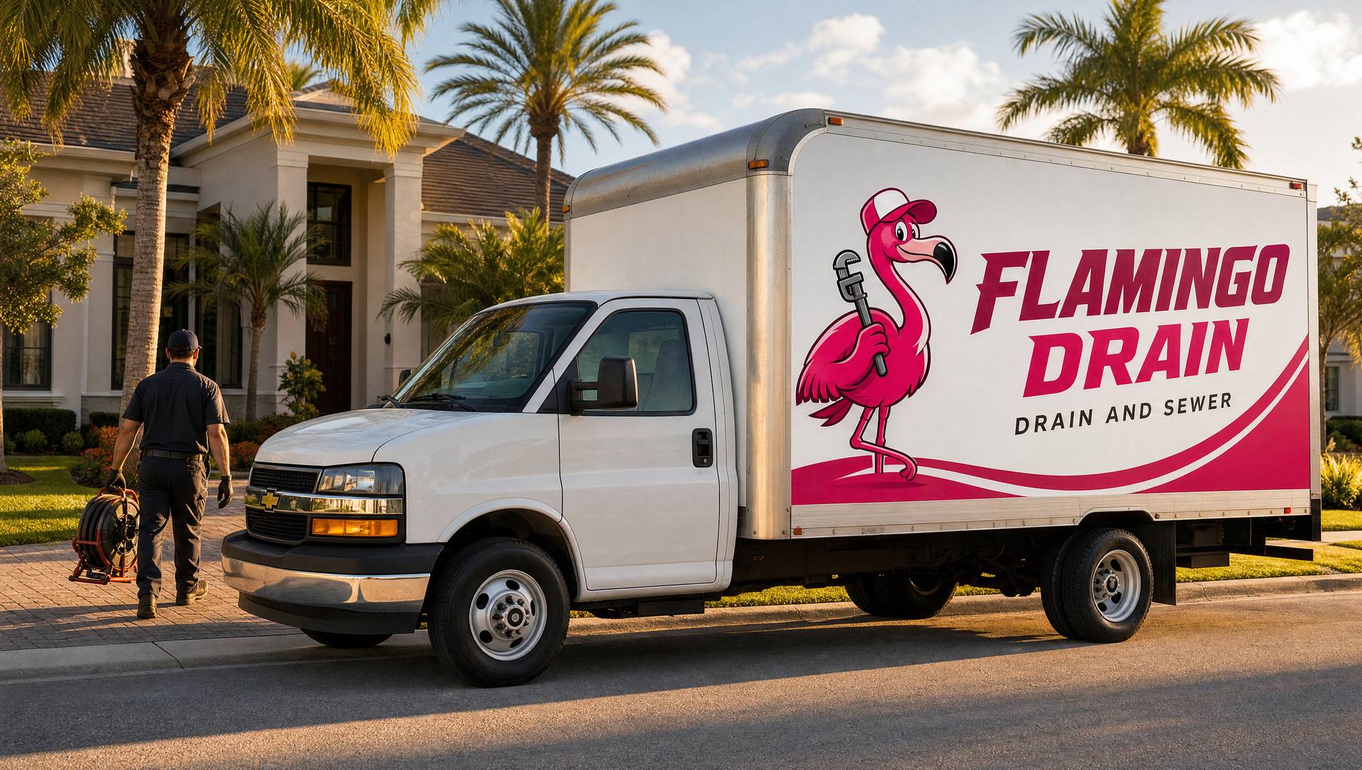 A branded Flamingo Drain box truck parked outside a Jacksonville home at golden hour while a technician carries a drain machine to the door