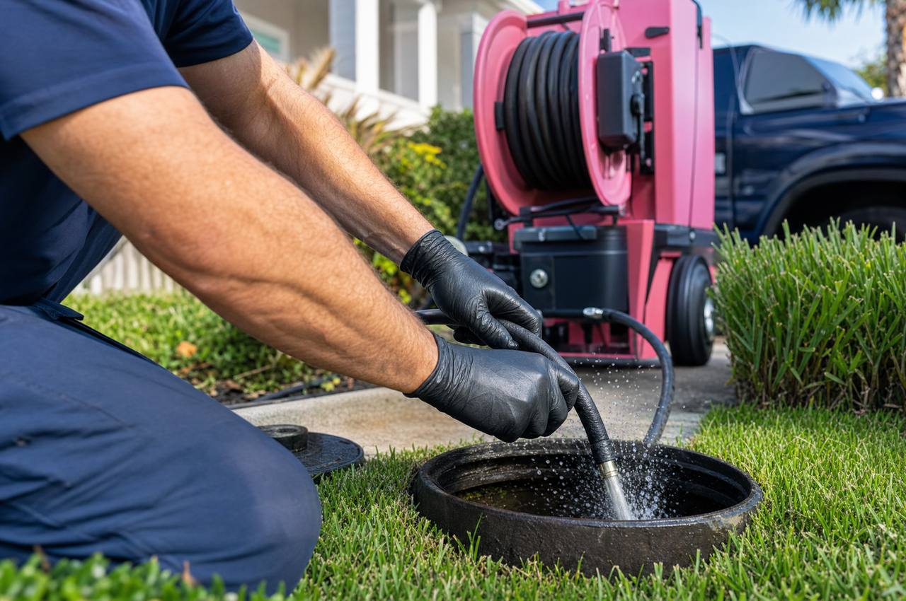 A technician feeding a high-pressure hydro jetting hose into an exterior sewer cleanout