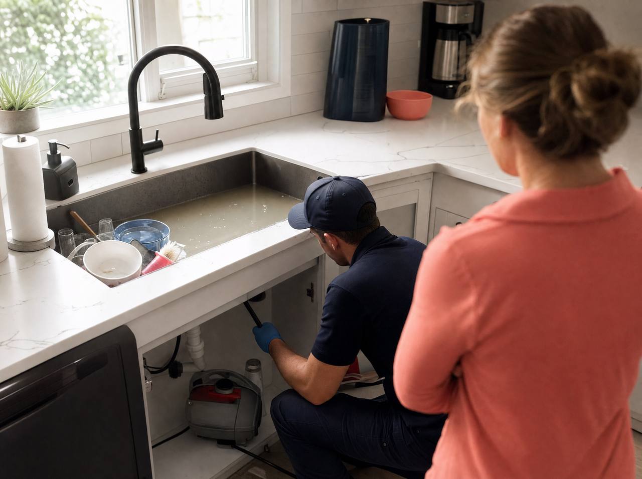 A kitchen sink backed up with standing water