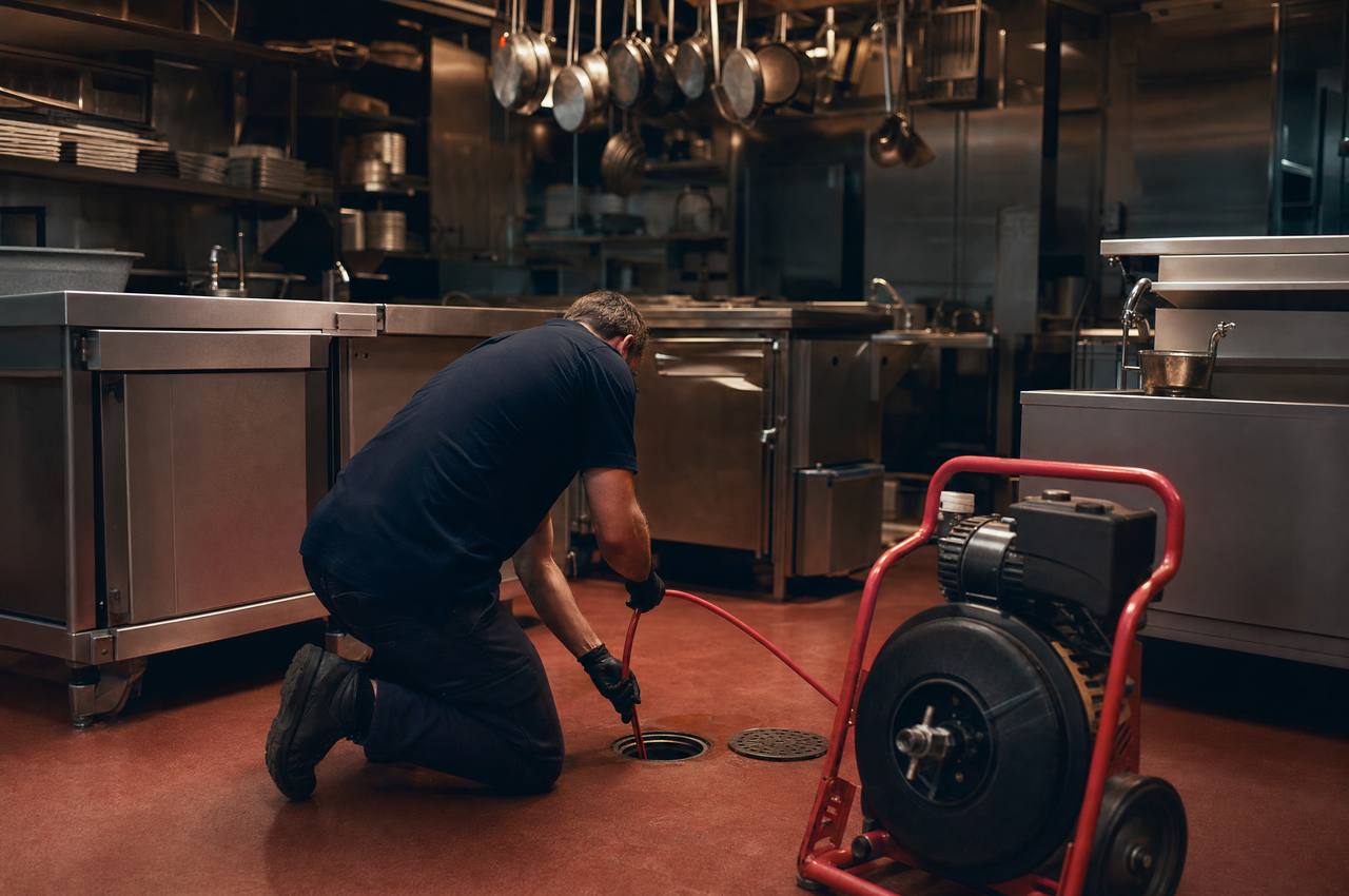 A technician servicing a floor drain in a commercial restaurant kitchen