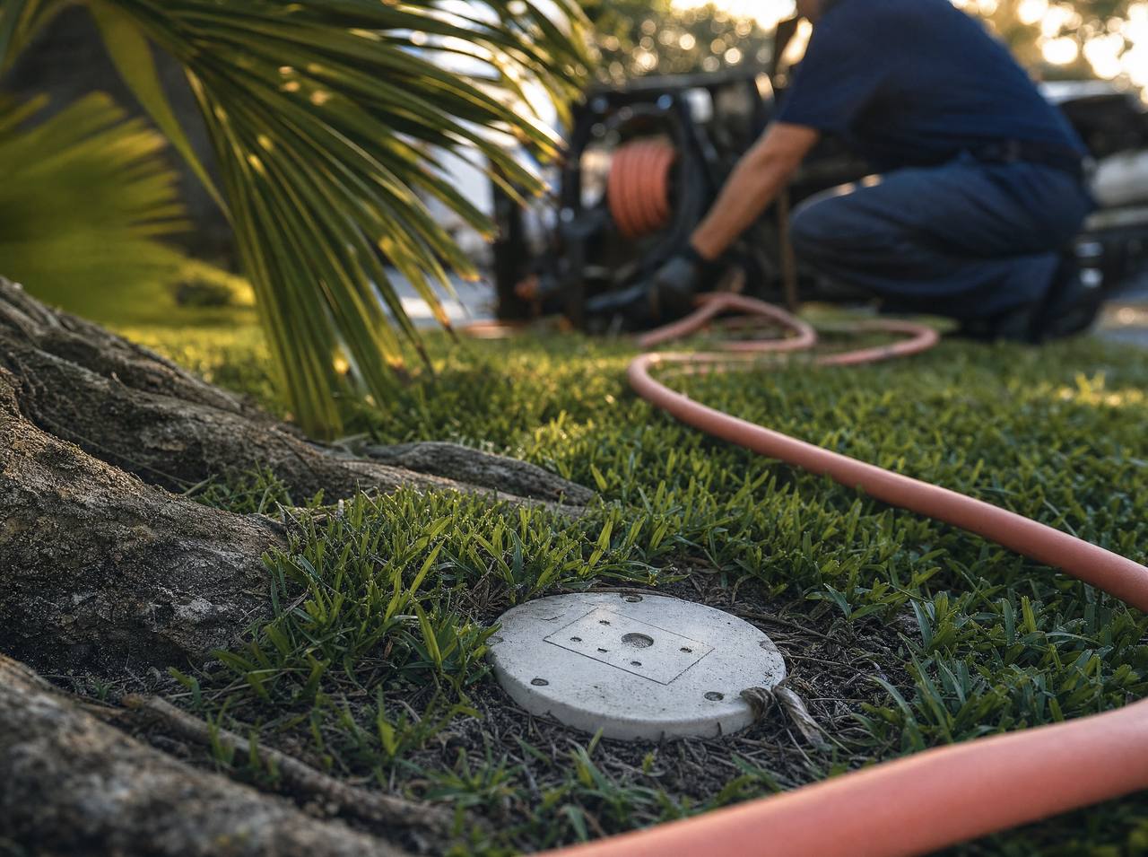 An exterior sewer cleanout in a Florida lawn